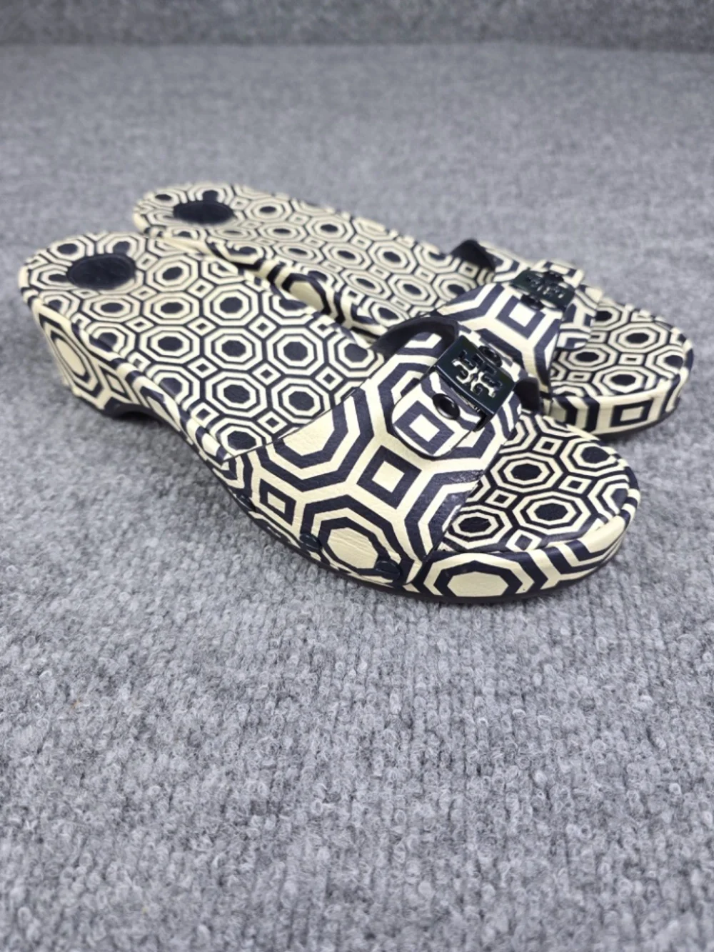 Tory Burch Noah Navy Blue Geometric Leather Slide Sandals Size 9